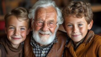 AI generated Older Man and Two Young Boys Posed for Picture photo