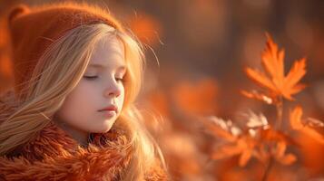 AI generated Serene Autumnal Portrait of a Young Girl at Sunset photo