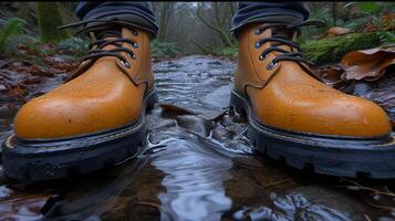 AI generated Close Up of Persons Shoes in a Stream photo