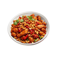 ai generato un allettante visivo narrazione di kung pao pollo con un' scoppiare di colori in profondità rosso peperoncini, d'oro arachidi, e succulento pollo gratuito png