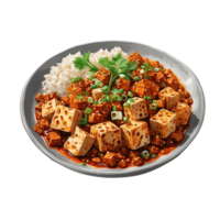 AI generated textures in a plate of Mapo Tofu the rich, spicy sauce, the velvety tofu cubes, and the vibrant pops of green from scallions Pro PNG