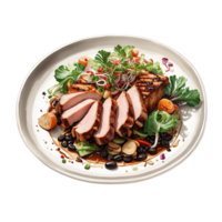 AI generated irresistible Twice cooked Pork with a top down perspective, highlighting the succulent slices of pork belly Pro PNG