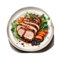 AI generated irresistible Twice cooked Pork with a top down perspective, highlighting the succulent slices of pork belly Pro PNG