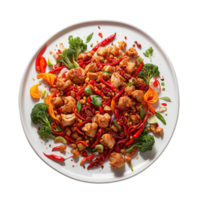 ai genererad dynamisk samspel av eldig röd sichuan paprika, anbud bitar av kyckling, och ett array av färgrik grönsaker proffs png