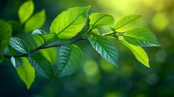 ai generado de cerca de un verde hoja en un rama foto