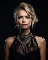 AI generated Woman in Black Dress and Necklace photo