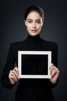 AI generated Woman Holding Picture Frame in Front of Face photo