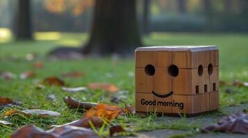 AI generated A wooden block with a painted face and the inscription good morning stands on green grass. photo