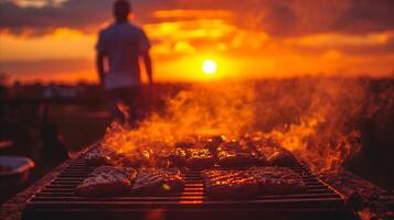 ai generado Hora de verano parilla parrilla con filetes y hamburguesas a puesta de sol foto