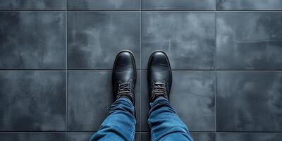 AI generated Close-up of person standing on tiled floor in black shoes and blue jeans photo