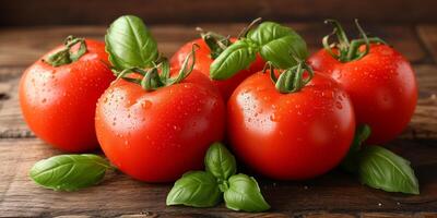 AI generated Group of Tomatoes on Wooden Table photo