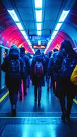 ai generado viajeros caminando en vistoso subterraneo estación corredor con neón luces foto