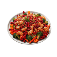 ai généré dynamique réciproque de ardent rouge sichuan poivrons, soumissionner morceaux de poulet, et un tableau de coloré des légumes pro png