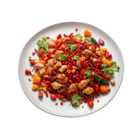 AI generated dynamic interplay of fiery red Sichuan peppers, tender chunks of chicken, and an array of colorful vegetables Pro PNG