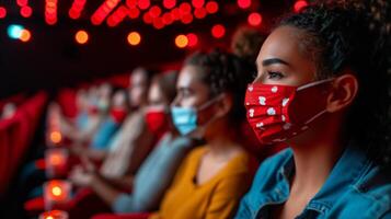 ai generado grupo de personas vistiendo cara mascaras en un película teatro foto