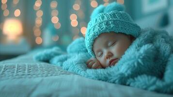 ai generado pacífico bebé dormido en cama con azul cobija foto