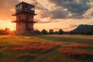 AI generated Serene Sunset at a Rural Fire Watchtower photo