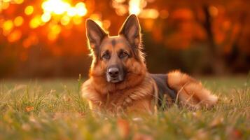 AI generated Dog Laying in Grass in Front of the Sun photo