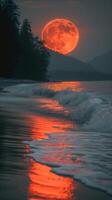 ai generado lleno Luna creciente terminado Oceano con primer plano olas foto