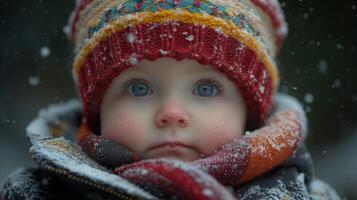 ai generado pequeño niño empaquetado arriba en sombrero y bufanda jugando en el nieve foto