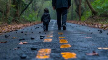 ai generado hombre y niño caminando abajo enselvado la carretera foto