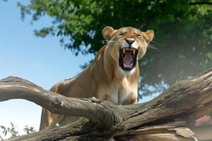 ai generado majestuoso león encaramado encima árbol rama foto