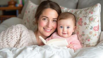 AI generated Woman Laying in Bed With Baby and Book photo