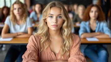 AI generated Women Sitting at Desks in a Classroom During a Lecture. photo
