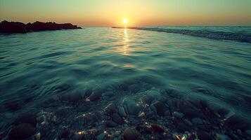 AI generated Sun Setting Over Ocean With Rocks in Water photo