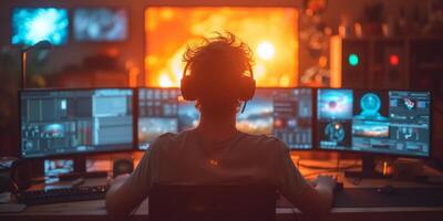 AI generated Person Sitting in Front of Three Computer Monitors photo