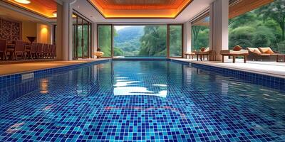 AI generated Large Indoor Swimming Pool With Blue Tiles photo