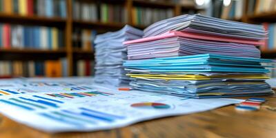 AI generated Stacks of Paperwork and Charts on a Library Desk photo