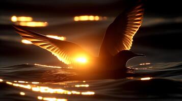 ai generado pájaro volador terminado Noche cuerpo de agua foto