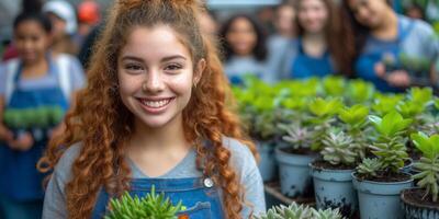AI generated Smiling Girl With Red Hair in Front of Potted Plants photo