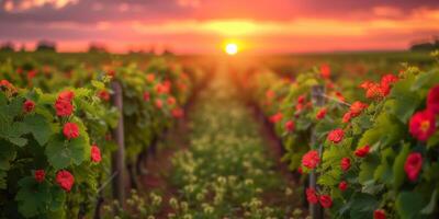 ai generado vibrante puesta de sol refleja terminado campo de floreciente flores foto