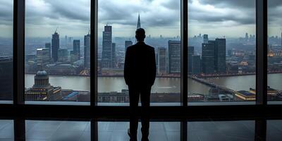 AI generated Man Standing in Front of Window Overlooking City Skyline photo