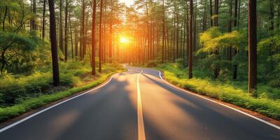 ai generado sereno puesta de sol en un devanado bosque la carretera foto