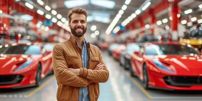 ai generado hombre en pie en frente de fila de Deportes carros foto