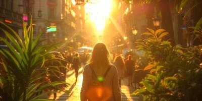 ai generado mujer caminando abajo calle a puesta de sol foto