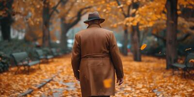 AI generated Man in Coat and Hat Walking Through Park photo