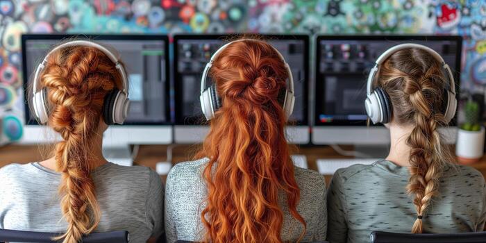 AI generated Three Girls With Headphones Sitting in Front of Computer Monitors photo