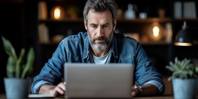 AI generated Man Sitting in Front of Laptop Computer Working on a Project photo
