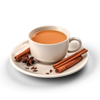 AI generated cup of tea with cinnamon and star anise on a saucer with a spoon on transparency background png