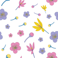 A seamless pattern of spring elements PNG transparent background such as crocus, apple blossom, apple blossom budding in a hand-drawn minimal floral concept, illustration