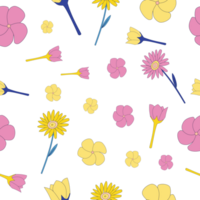 A seamless pattern of spring elements PNG transparent background such as daisy, Frangipani, and pink flower blooming in a hand-drawn minimal floral concept, illustration