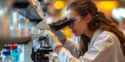 AI generated Woman in Lab Coat Examining Specimen Through Microscope photo