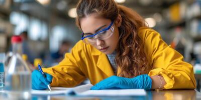 AI generated Woman in Lab Coat Writing on a Piece of Paper photo