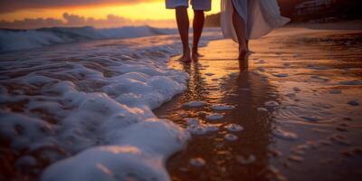 ai generado dos personas caminando en el playa a atardecer, olas rotura en antecedentes foto