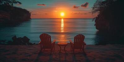 AI generated Serene Sunset at Tropical Beach With Two Chairs photo