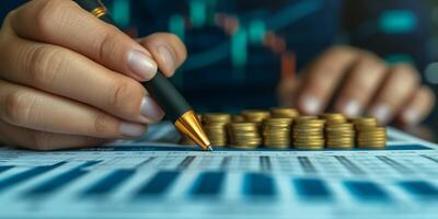 AI generated Person Writing on Paper Next to Stacks of Gold Coins photo